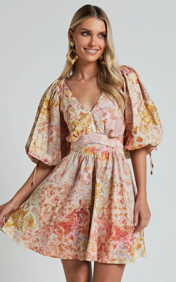 Showpo Amalie The Label 8211 Movida Linen Blend Balloon Sleeve Crossover Band Mini Dress In Morocco Print Women Dresses