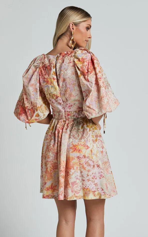 Showpo Amalie The Label 8211 Movida Linen Blend Balloon Sleeve Crossover Band Mini Dress In Morocco Print Women Dresses