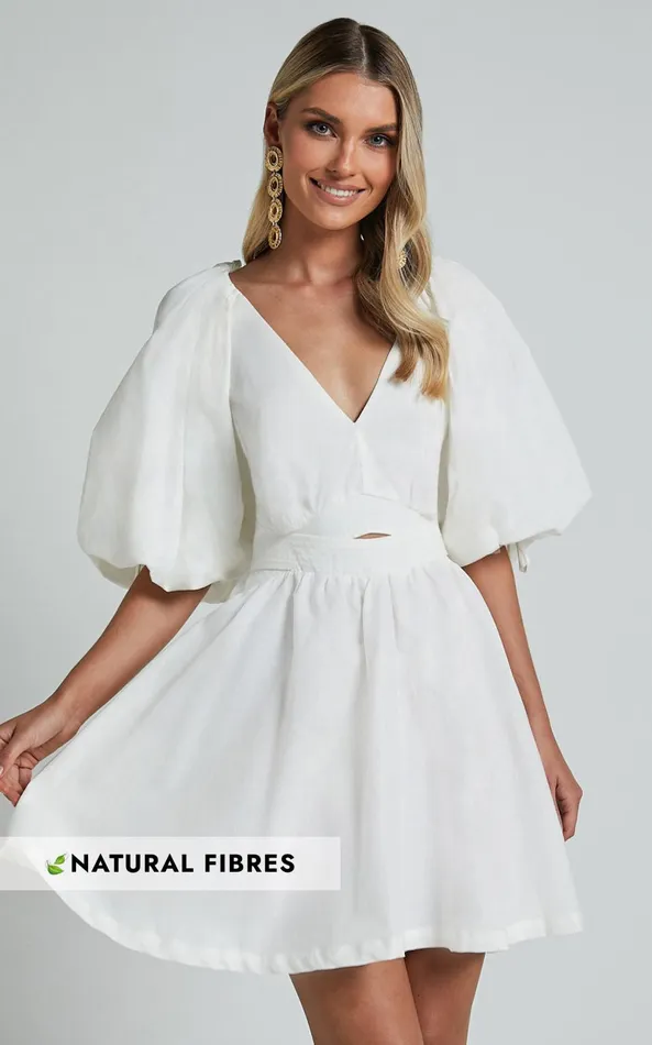 Showpo Amalie The Label 8211 Movida Linen Blend Balloon Sleeve Crossover Band Mini Dress In White Women Dresses Showpo Amalie The Label 8211 Movida Linen Blend Balloon Sleeve Crossover Band Mini Dress In White Women Dresses