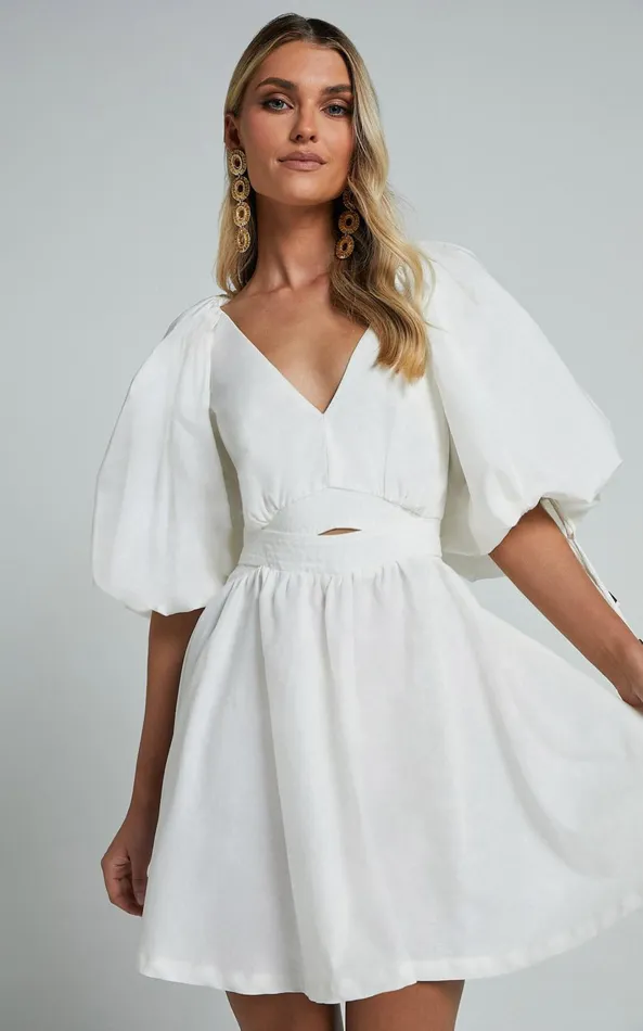 Showpo Amalie The Label 8211 Movida Linen Blend Balloon Sleeve Crossover Band Mini Dress In White Women Dresses