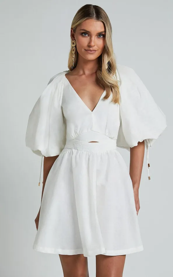 Showpo Amalie The Label 8211 Movida Linen Blend Balloon Sleeve Crossover Band Mini Dress In White Women Dresses