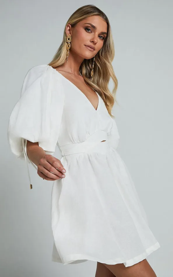 Showpo Amalie The Label 8211 Movida Linen Blend Balloon Sleeve Crossover Band Mini Dress In White Women Dresses