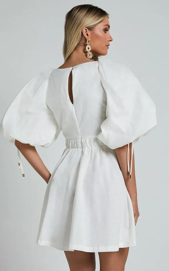 Showpo Amalie The Label 8211 Movida Linen Blend Balloon Sleeve Crossover Band Mini Dress In White Women Dresses
