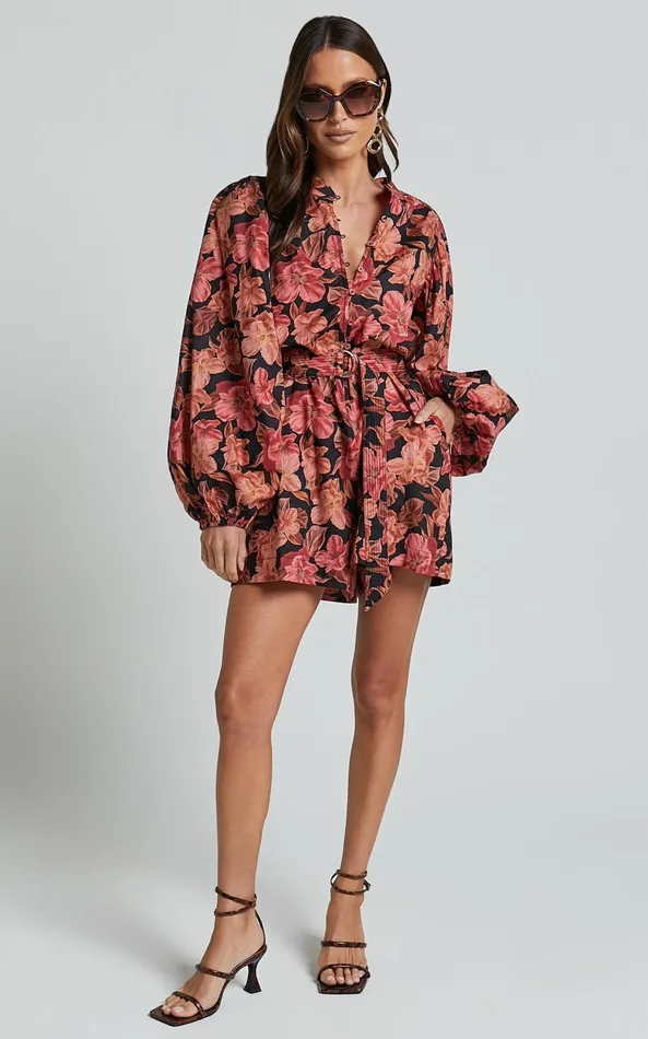 Showpo Amalie The Label 8211 Natylia Linen Blend Bishop Sleeve Belted Playsuit In Atalie Print Women Rompers