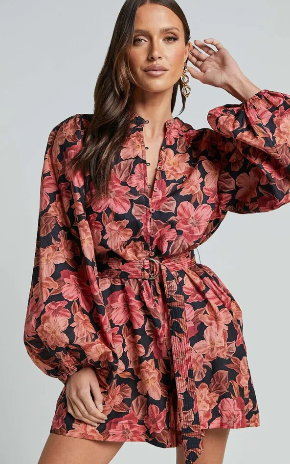 Showpo Amalie The Label 8211 Natylia Linen Blend Bishop Sleeve Belted Playsuit In Atalie Print Women Rompers