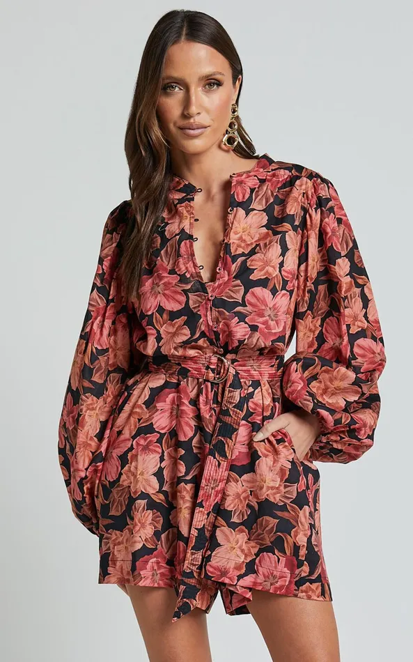 Showpo Amalie The Label 8211 Natylia Linen Blend Bishop Sleeve Belted Playsuit In Atalie Print Women Rompers