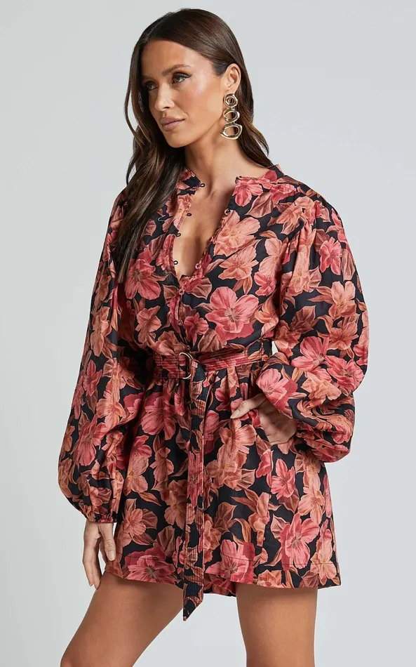 Showpo Amalie The Label 8211 Natylia Linen Blend Bishop Sleeve Belted Playsuit In Atalie Print Women Rompers