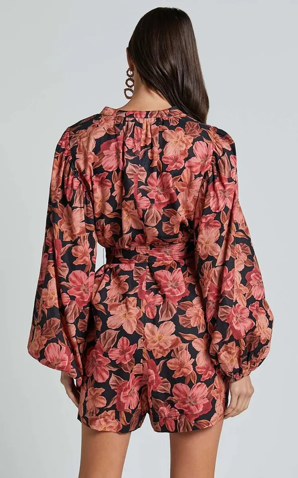 Showpo Amalie The Label 8211 Natylia Linen Blend Bishop Sleeve Belted Playsuit In Atalie Print Women Rompers