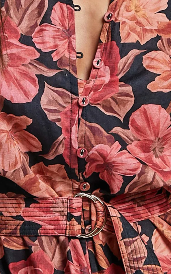 Showpo Amalie The Label 8211 Natylia Linen Blend Bishop Sleeve Belted Playsuit In Atalie Print Women Rompers