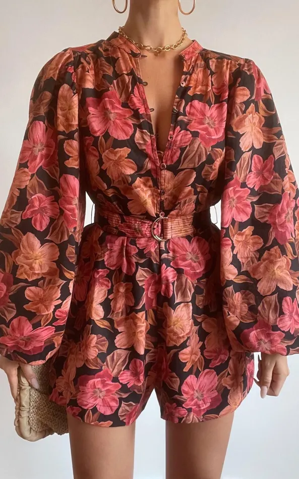 Showpo Amalie The Label 8211 Natylia Linen Blend Bishop Sleeve Belted Playsuit In Atalie Print Women Rompers