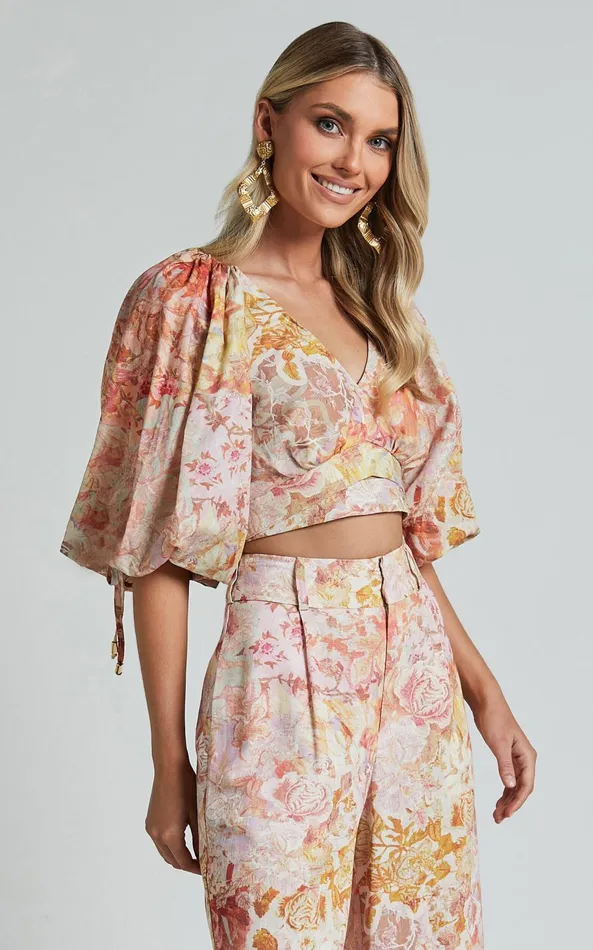 Showpo Amalie The Label 8211 Nazila Linen Blend Balloon Sleeve Crop Top In Morocco Print Women Tops