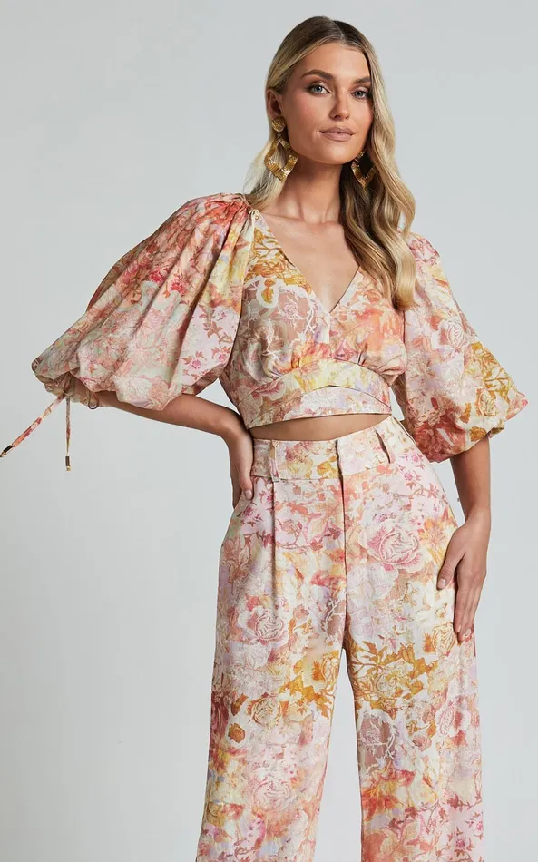 Showpo Amalie The Label 8211 Nazila Linen Blend Balloon Sleeve Crop Top In Morocco Print Women Tops