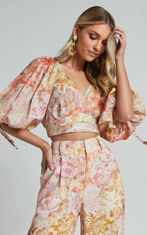 Showpo Amalie The Label 8211 Nazila Linen Blend Balloon Sleeve Crop Top In Morocco Print Women Tops