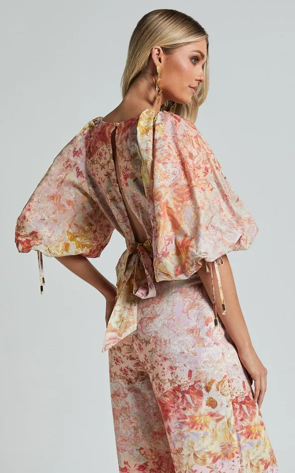 Showpo Amalie The Label 8211 Nazila Linen Blend Balloon Sleeve Crop Top In Morocco Print Women Tops