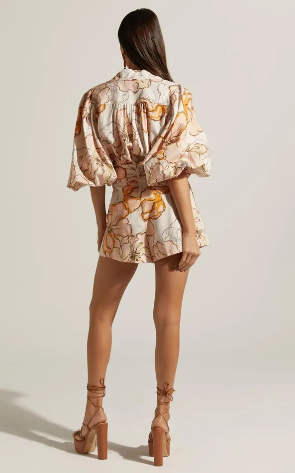 Showpo Amalie The Label 8211 Noemie Linen Blend High Waisted Belted Tailored Shorts In Maison Fleur Women Curve Clothes