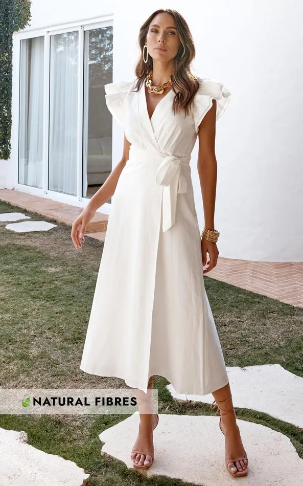 Showpo Amalie The Label 8211 Palmer Linen Blend Frill Sleeve Wrap Dress In White Women Curve Clothes Showpo Amalie The Label 8211 Palmer Linen Blend Frill Sleeve Wrap Dress In White Women Curve Clothes