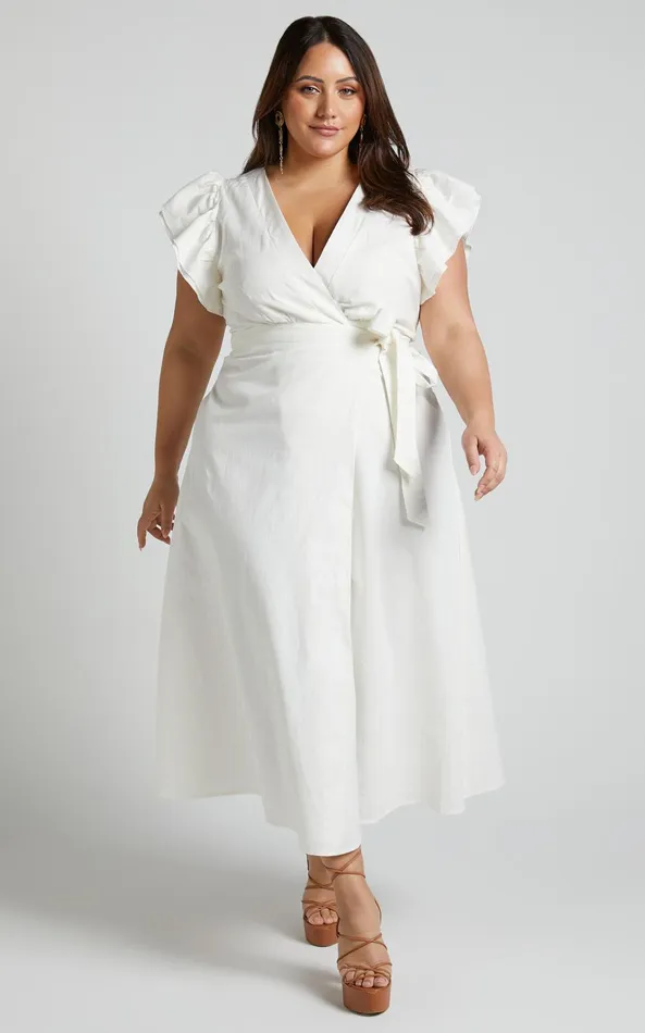 Showpo Amalie The Label 8211 Palmer Linen Blend Frill Sleeve Wrap Dress In White Women Curve Clothes