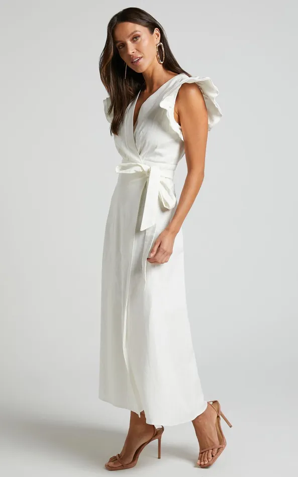 Showpo Amalie The Label 8211 Palmer Linen Blend Frill Sleeve Wrap Dress In White Women Curve Clothes