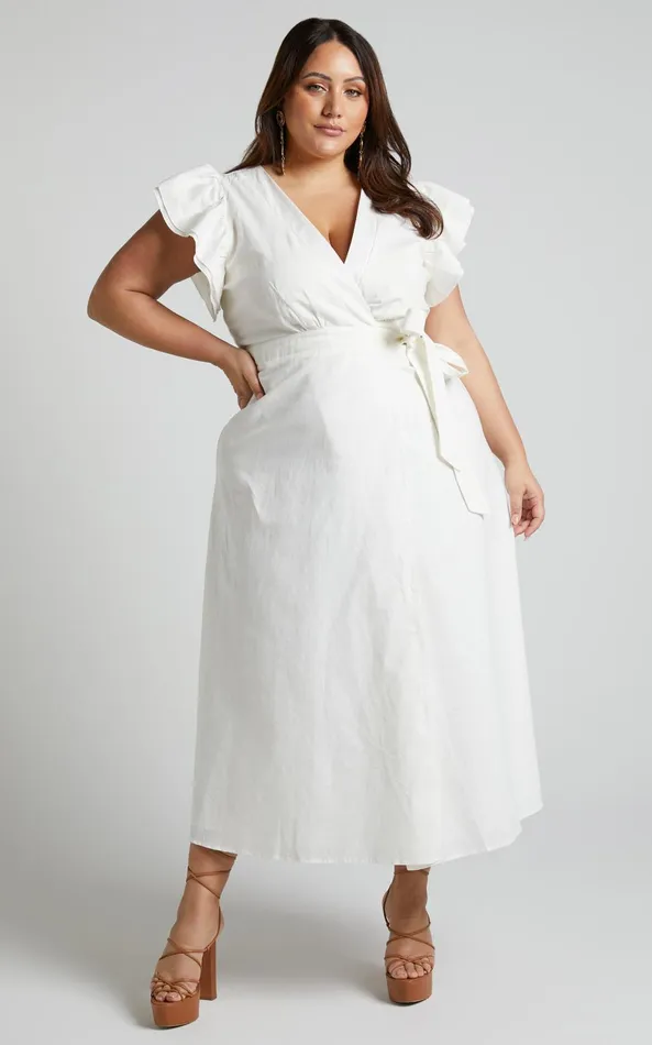 Showpo Amalie The Label 8211 Palmer Linen Blend Frill Sleeve Wrap Dress In White Women Curve Clothes