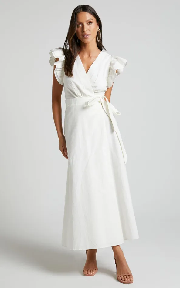Showpo Amalie The Label 8211 Palmer Linen Blend Frill Sleeve Wrap Dress In White Women Curve Clothes