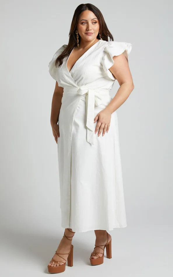 Showpo Amalie The Label 8211 Palmer Linen Blend Frill Sleeve Wrap Dress In White Women Curve Clothes