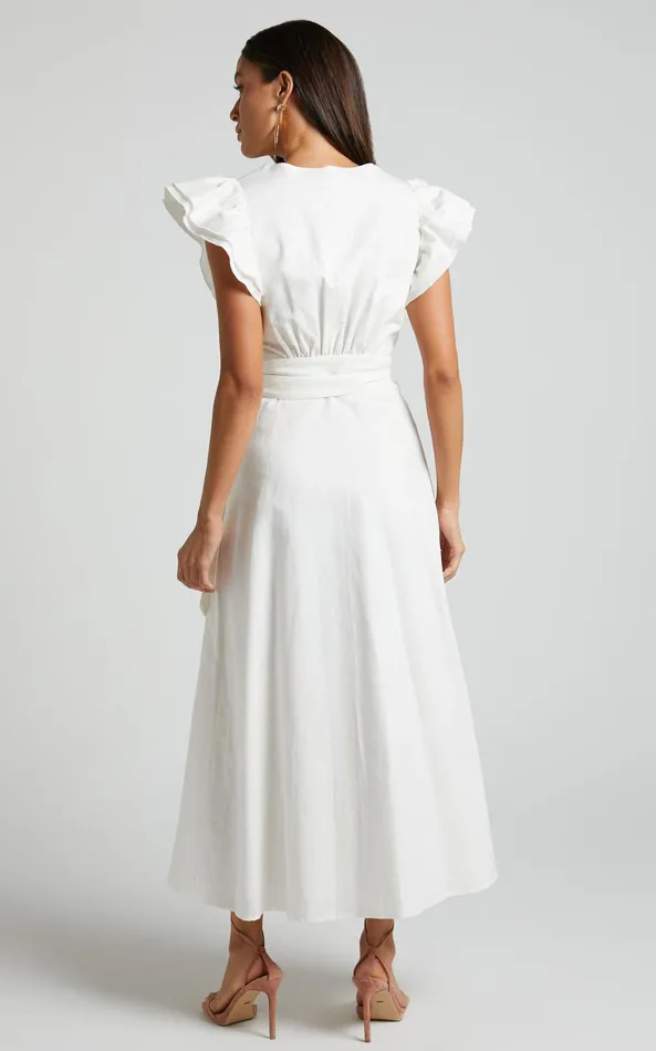 Showpo Amalie The Label 8211 Palmer Linen Blend Frill Sleeve Wrap Dress In White Women Curve Clothes