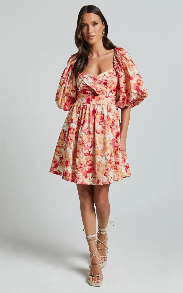 Showpo Amalie The Label 8211 Penelopia Linen Blend Puff Sleeve Twist Bodice Mini Dress In Sienna Print Women Dresses