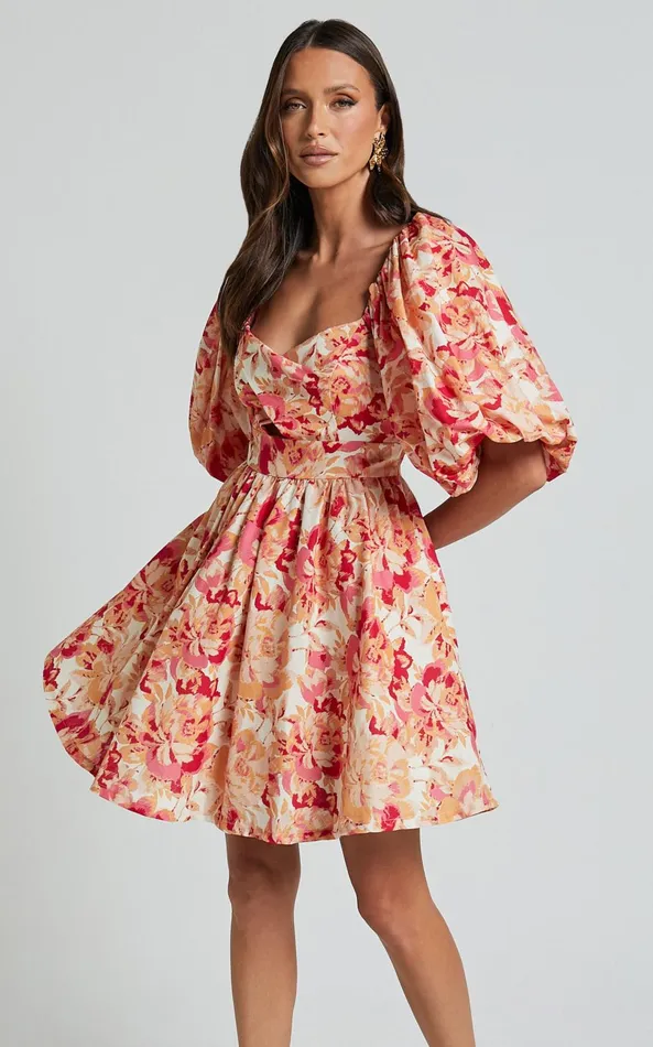 Showpo Amalie The Label 8211 Penelopia Linen Blend Puff Sleeve Twist Bodice Mini Dress In Sienna Print Women Dresses