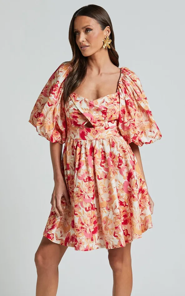 Showpo Amalie The Label 8211 Penelopia Linen Blend Puff Sleeve Twist Bodice Mini Dress In Sienna Print Women Dresses