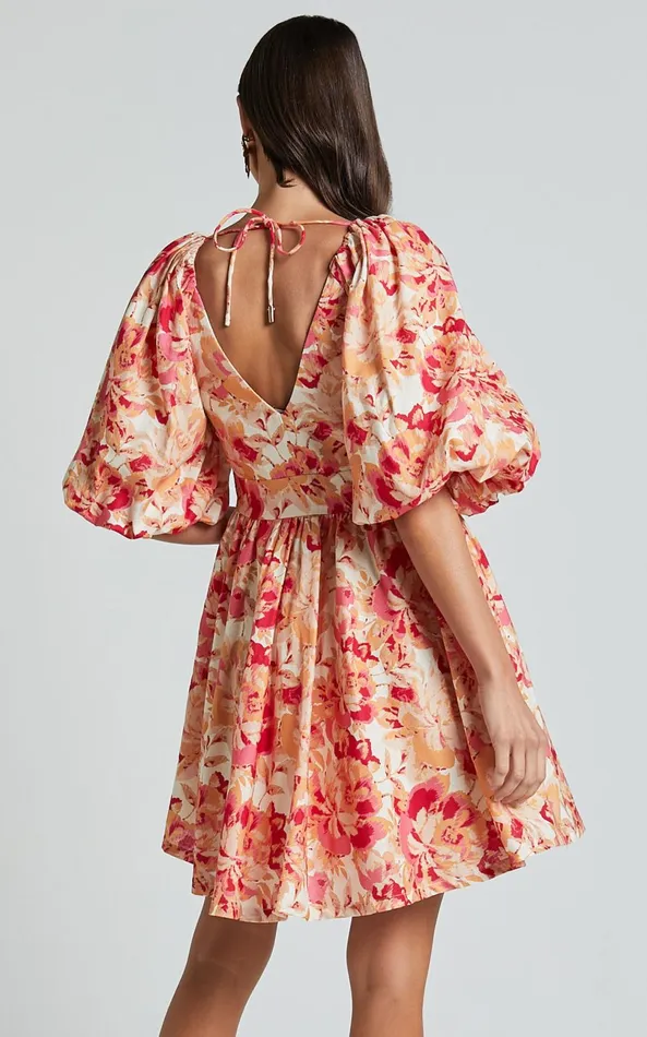 Showpo Amalie The Label 8211 Penelopia Linen Blend Puff Sleeve Twist Bodice Mini Dress In Sienna Print Women Dresses