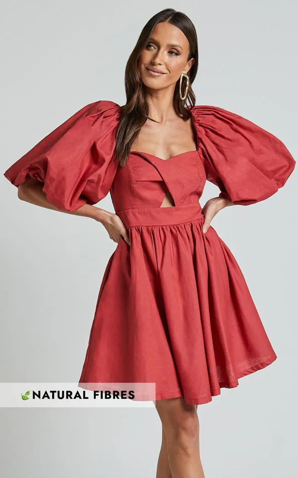 Showpo Amalie The Label 8211 Penelopia Linen Blend Puff Sleeve Twist Bodice Mini Dress In Vermilion Women Dresses Showpo Amalie The Label 8211 Penelopia Linen Blend Puff Sleeve Twist Bodice Mini Dress In Vermilion Women Dresses