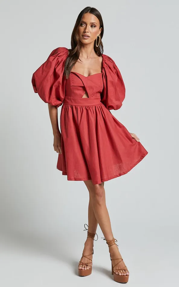 Showpo Amalie The Label 8211 Penelopia Linen Blend Puff Sleeve Twist Bodice Mini Dress In Vermilion Women Dresses