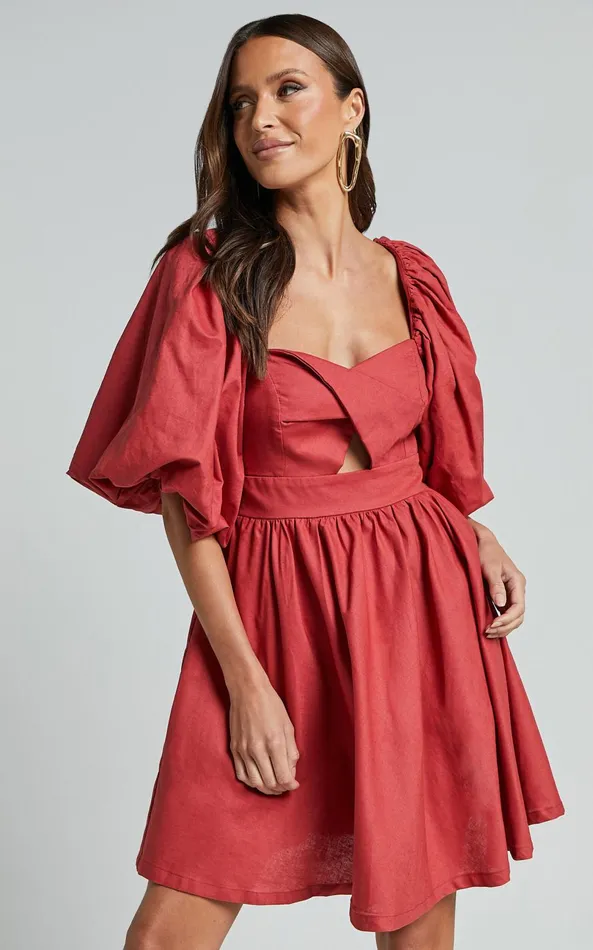 Showpo Amalie The Label 8211 Penelopia Linen Blend Puff Sleeve Twist Bodice Mini Dress In Vermilion Women Dresses