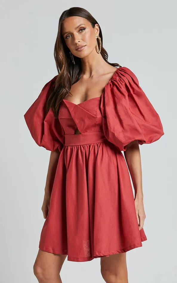 Showpo Amalie The Label 8211 Penelopia Linen Blend Puff Sleeve Twist Bodice Mini Dress In Vermilion Women Dresses