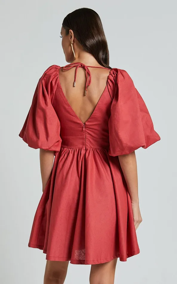 Showpo Amalie The Label 8211 Penelopia Linen Blend Puff Sleeve Twist Bodice Mini Dress In Vermilion Women Dresses