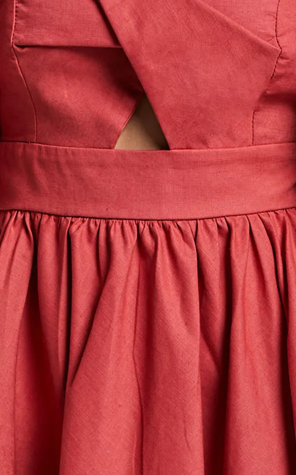 Showpo Amalie The Label 8211 Penelopia Linen Blend Puff Sleeve Twist Bodice Mini Dress In Vermilion Women Dresses