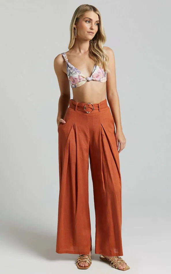 Showpo Amalie The Label 8211 Reine Linen Blend High Waisted Wide Leg Pleat Pants In Burnt Sienna Women Pants