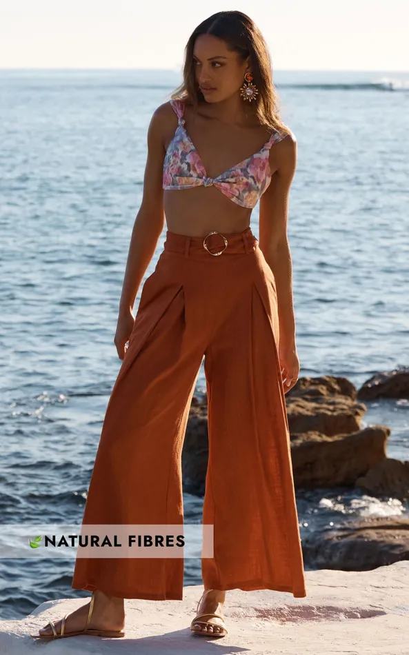 Showpo Amalie The Label 8211 Reine Linen Blend High Waisted Wide Leg Pleat Pants In Burnt Sienna Women Pants