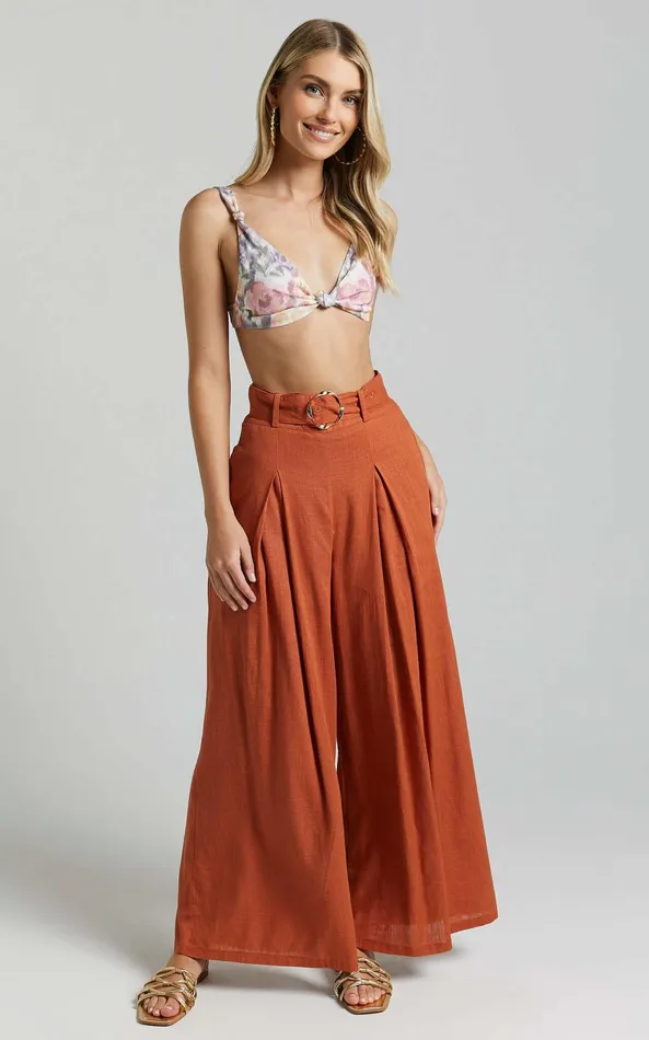 Showpo Amalie The Label 8211 Reine Linen Blend High Waisted Wide Leg Pleat Pants In Burnt Sienna Women Pants