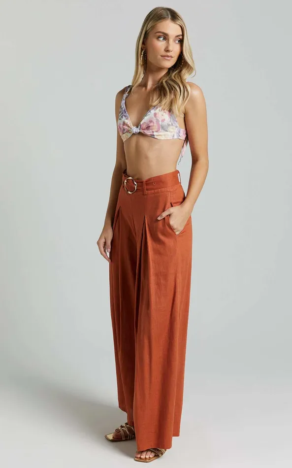 Showpo Amalie The Label 8211 Reine Linen Blend High Waisted Wide Leg Pleat Pants In Burnt Sienna Women Pants