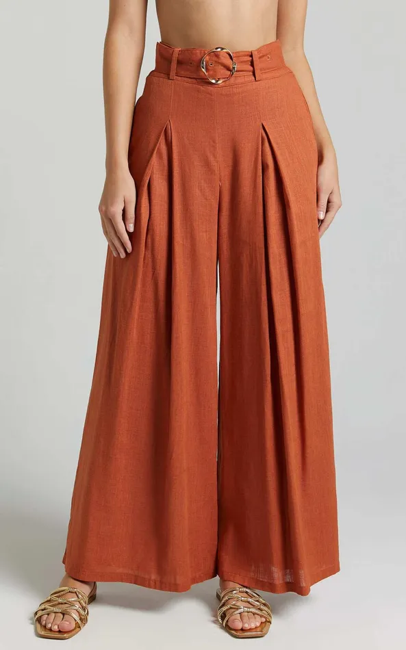 Showpo Amalie The Label 8211 Reine Linen Blend High Waisted Wide Leg Pleat Pants In Burnt Sienna Women Pants