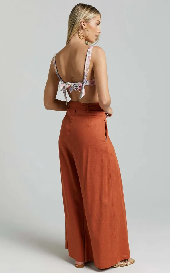 Showpo Amalie The Label 8211 Reine Linen Blend High Waisted Wide Leg Pleat Pants In Burnt Sienna Women Pants