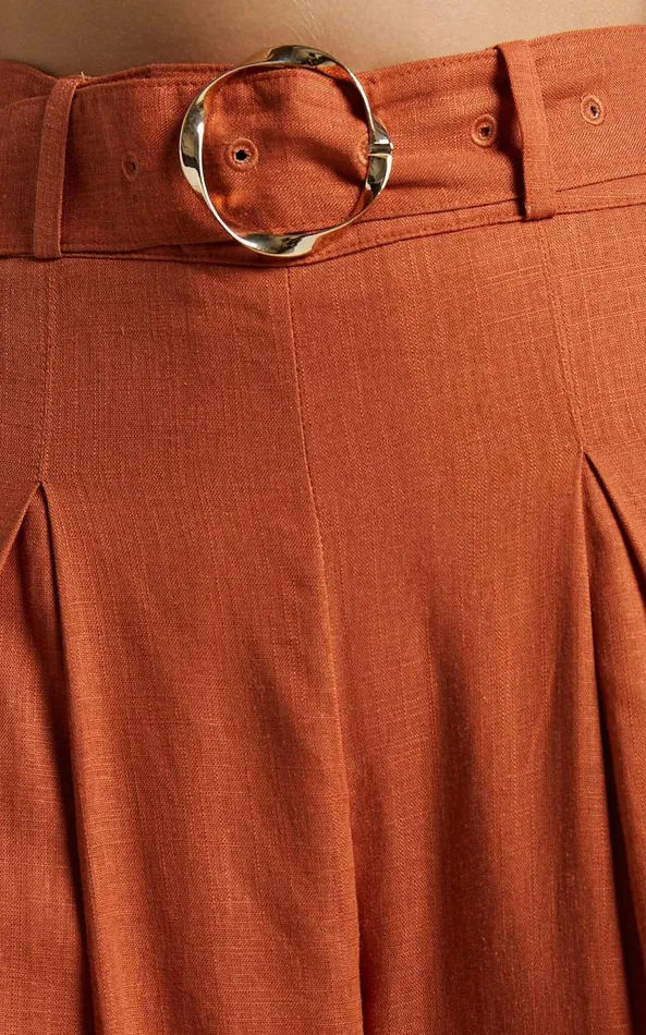 Showpo Amalie The Label 8211 Reine Linen Blend High Waisted Wide Leg Pleat Pants In Burnt Sienna Women Pants