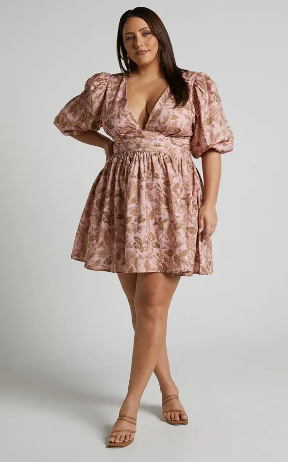 Showpo Amalie The Label 8211 Rivinna Linen Blend Pleat Waist Puff Sleeve Mini Dress In Vahala Print Women Curve Clothes