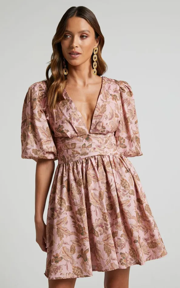 Showpo Amalie The Label 8211 Rivinna Linen Blend Pleat Waist Puff Sleeve Mini Dress In Vahala Print Women Curve Clothes