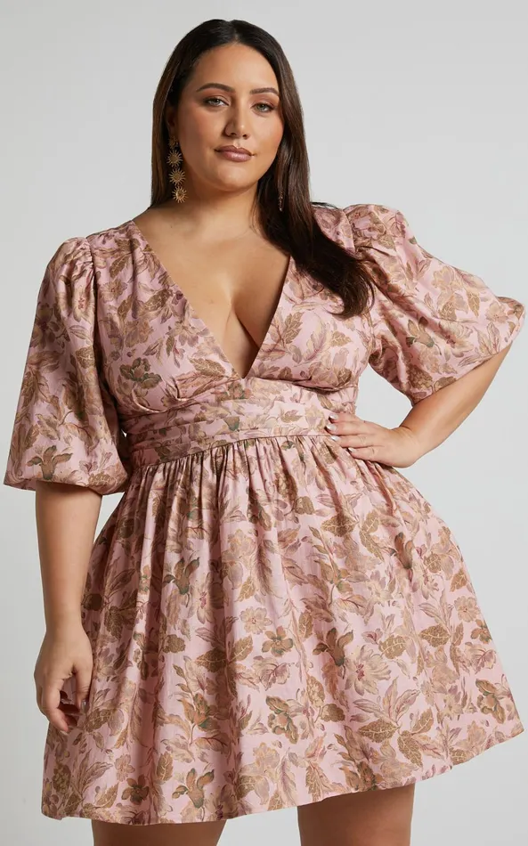 Showpo Amalie The Label 8211 Rivinna Linen Blend Pleat Waist Puff Sleeve Mini Dress In Vahala Print Women Curve Clothes