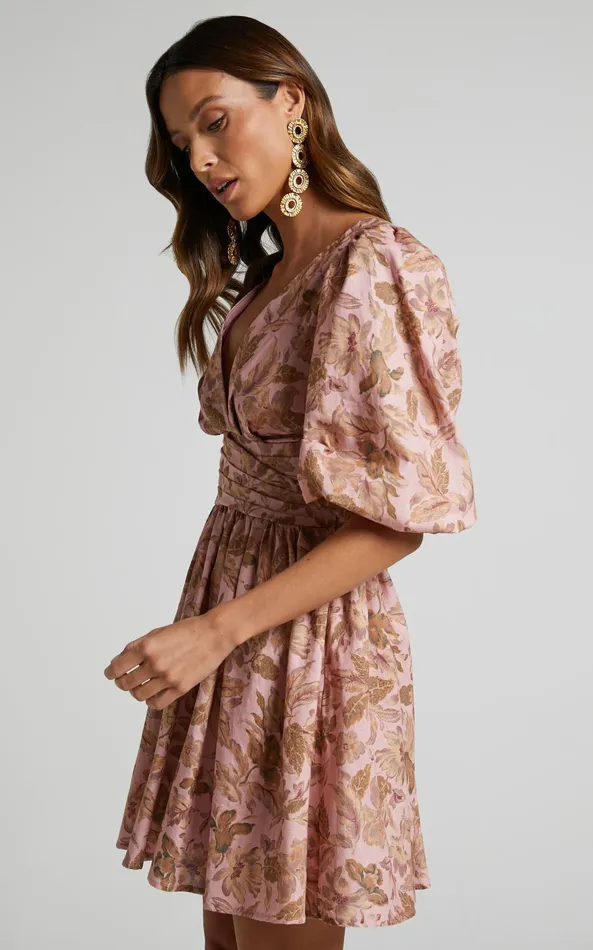 Showpo Amalie The Label 8211 Rivinna Linen Blend Pleat Waist Puff Sleeve Mini Dress In Vahala Print Women Curve Clothes