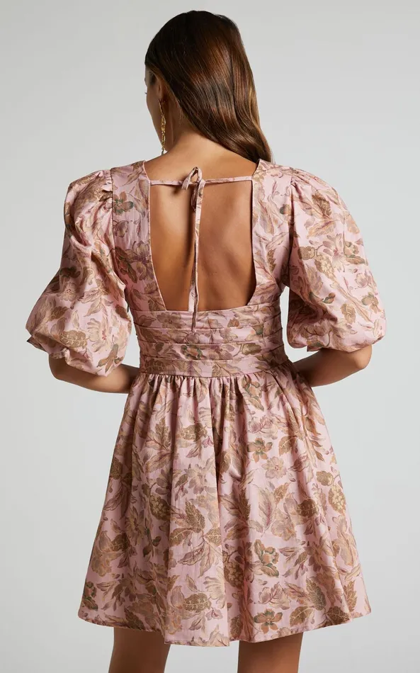 Showpo Amalie The Label 8211 Rivinna Linen Blend Pleat Waist Puff Sleeve Mini Dress In Vahala Print Women Curve Clothes
