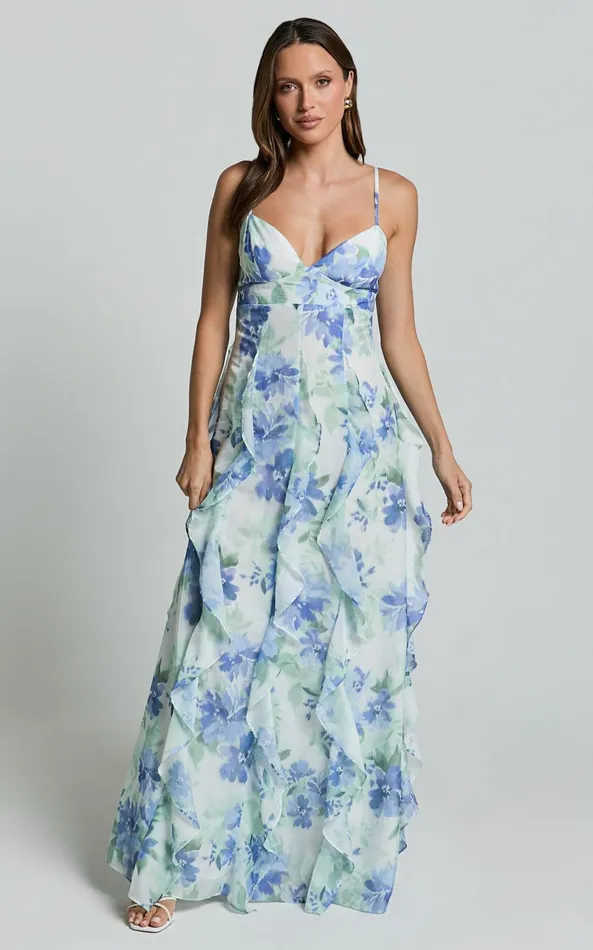 Showpo Amalie The Label 8211 Rosalie Strappy Cut Out Ruffle Detail Maxi Dress In Elysian Print Women Dresses