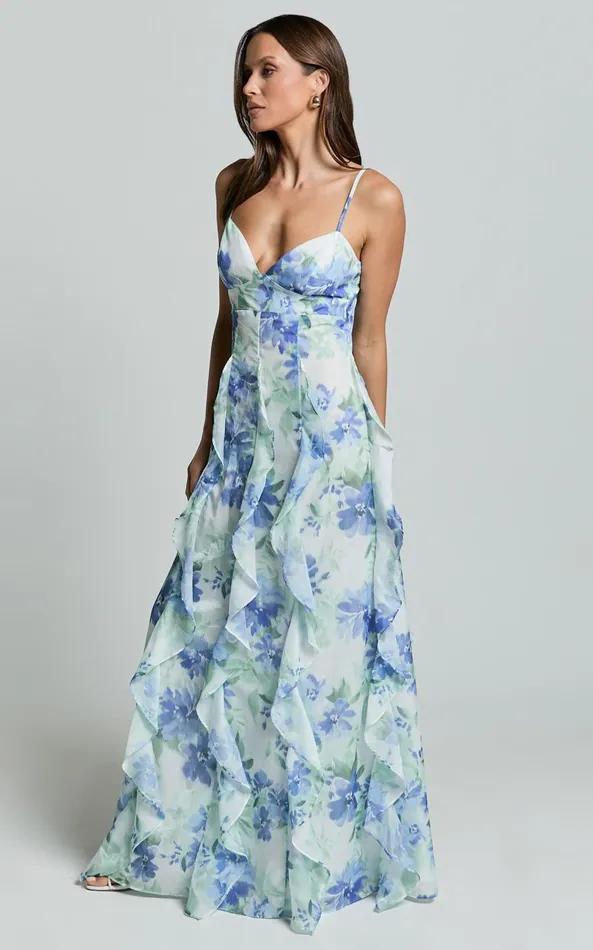 Showpo Amalie The Label 8211 Rosalie Strappy Cut Out Ruffle Detail Maxi Dress In Elysian Print Women Dresses